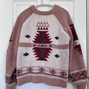 Cozy Aztec Pattern Crewneck Sweater - Dusty Rose